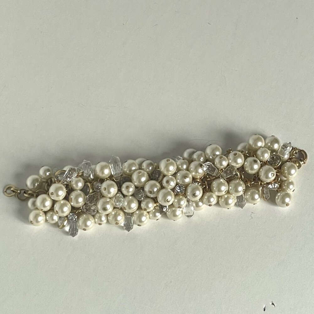 J.Crew Faux Pearl & Crystal Cluster Gold Chain Statement Bracelet - Picture 8 of 10